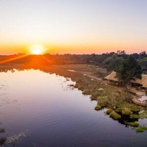 Aerial view of 4 Rivers Camp beside the Tsum Tsum River in the western Kwara Concession, Okavango Delta, Botswana