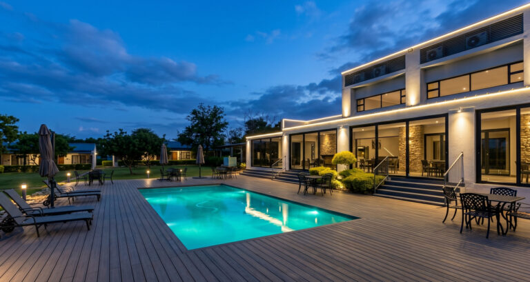 The lit swimming pool, timber deck and glazed public rooms at Travelodge Kasane at dusk, Botswana