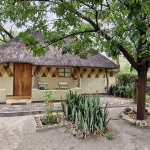 A thatched garden room with a carved wooden door at Discovery Bed and Breakfast, Maun, Botswana