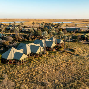 Aerial view of the tents and palms of Jack's Camp on the edge of the Makgadikgadi salt pans, Botswana
