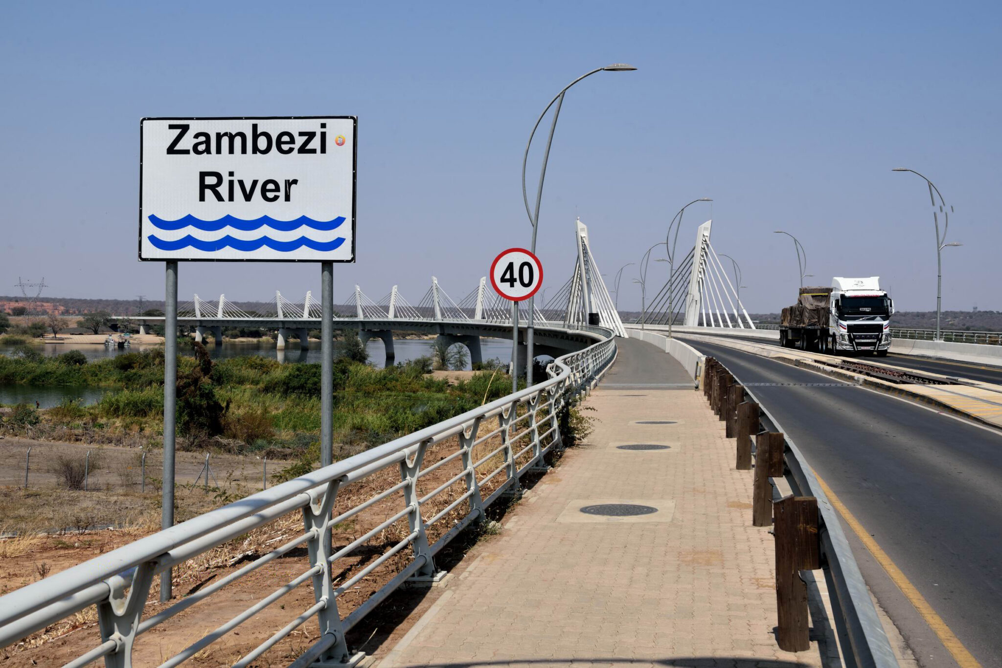 A freight truck crossing the Kazungula Bridge over the Zambezi River between Botswana and Zambia