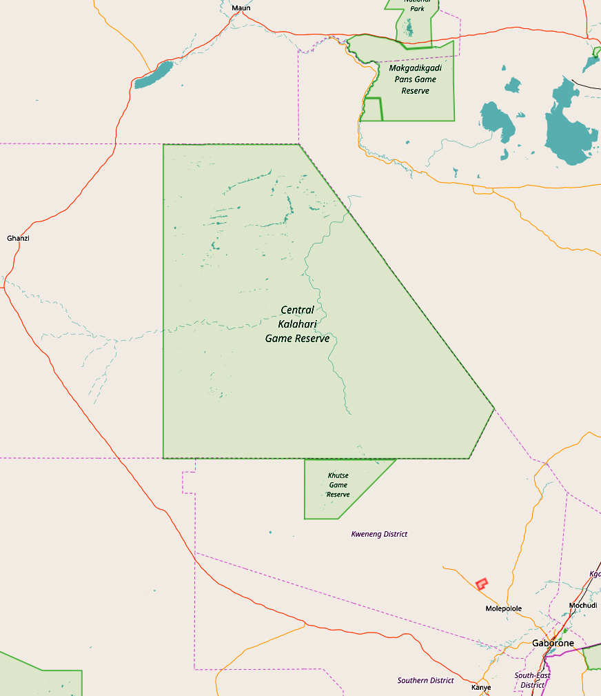 Map of the Central Kalahari Game Reserve in central Botswana, with Khutse Game Reserve adjoining to the south