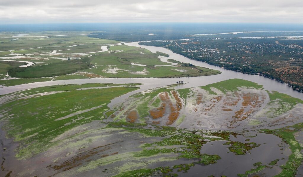 The Chobe River and Kasane from the air, the town The Old House stands in
