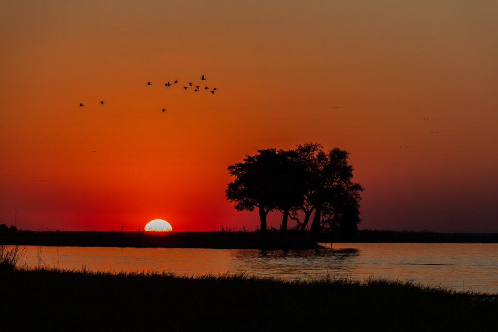 Sunset over the Chobe River, the riverfront Chobe Safari Lodge stands on