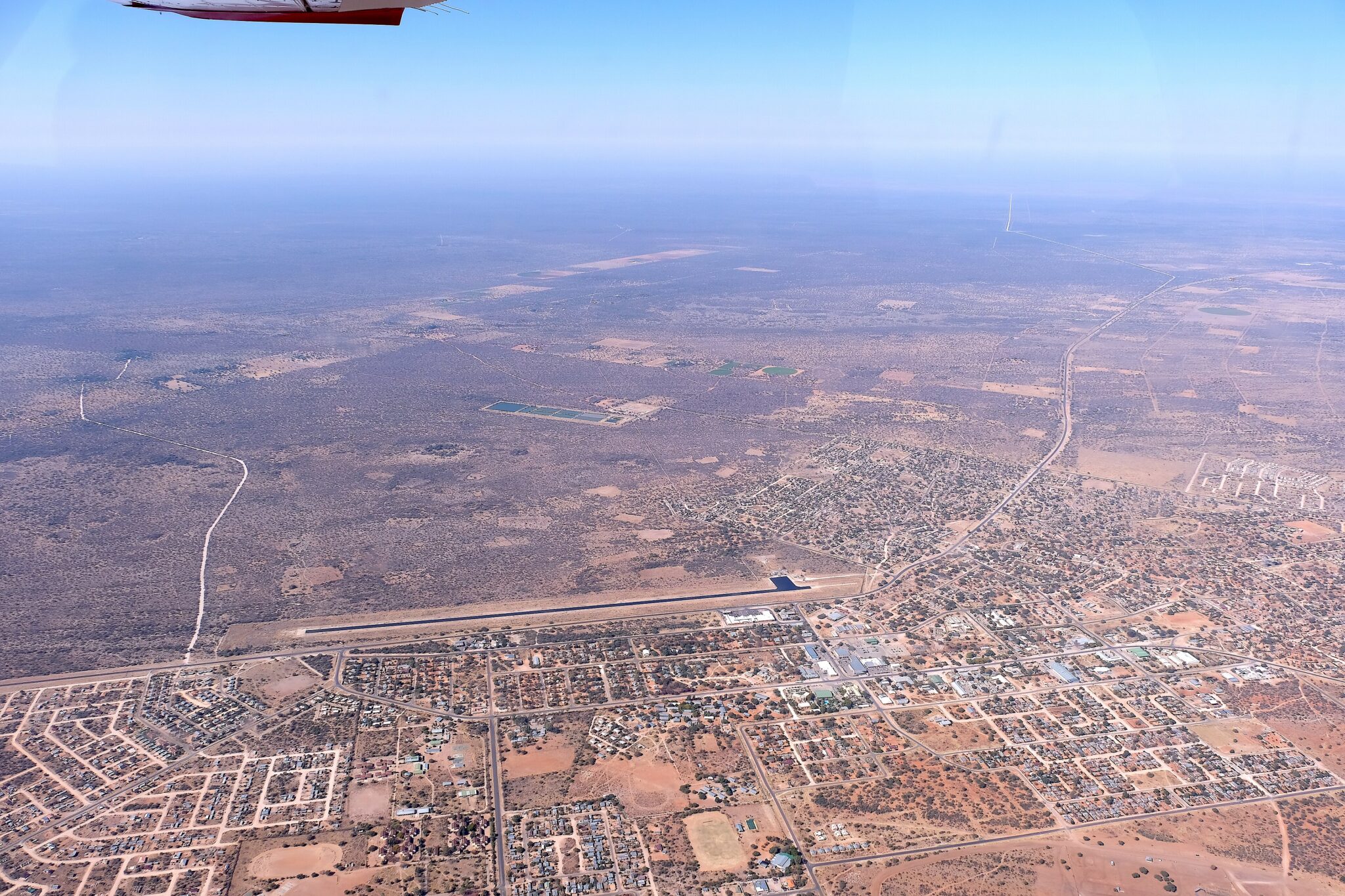Aerial view of Ghanzi town and its airstrip on the Kalahari, Botswana
