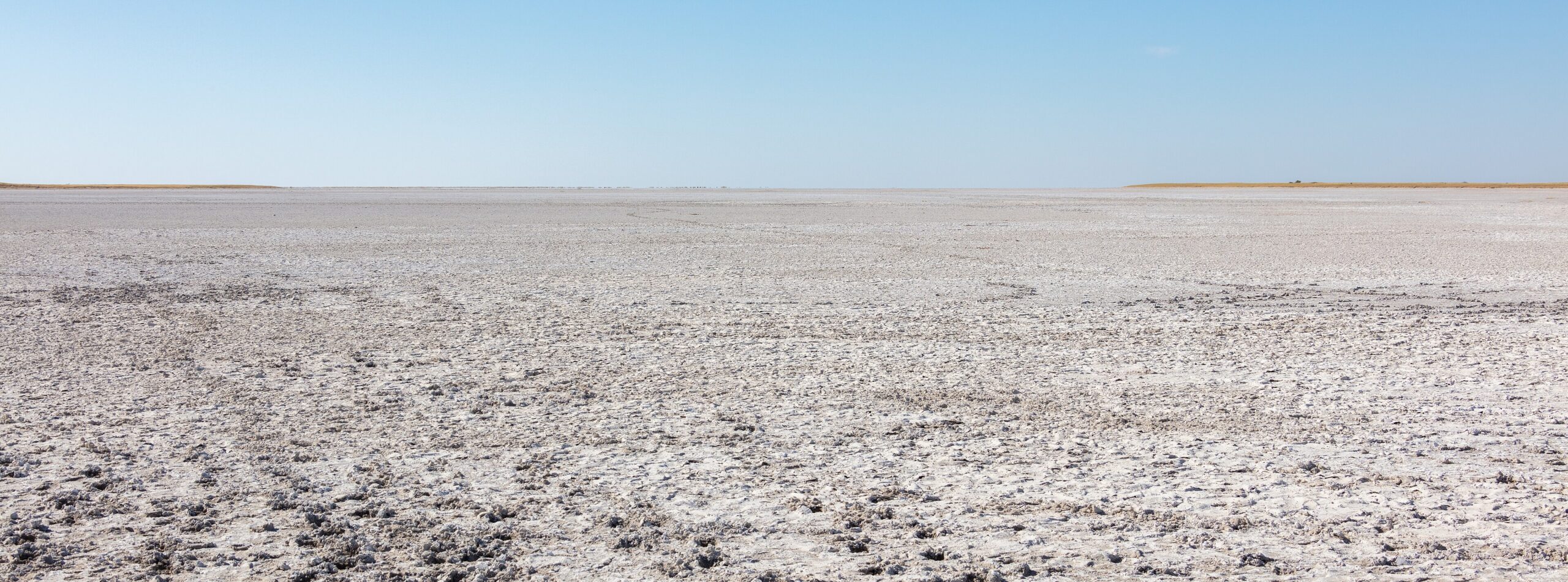 The white salt-pan surface of Makgadikgadi Pans National Park stretching to the horizon, Botswana