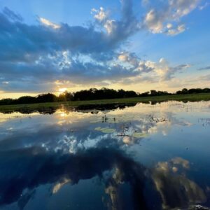 Cloud and late light reflected in the still water of the Thamalakane River at Maun, Botswana