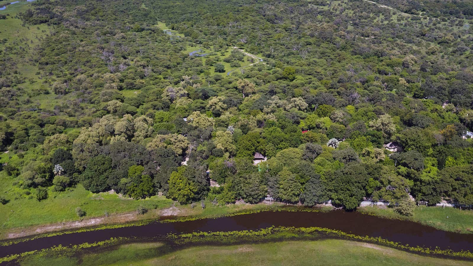 Aerial view of Island Safari Lodge grounds beside the Thamalakane River, Maun