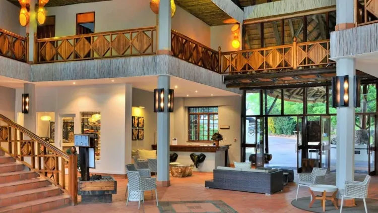 The double-height thatched reception and lounge at Cresta Mowana Safari Resort and Spa, Kasane, Botswana