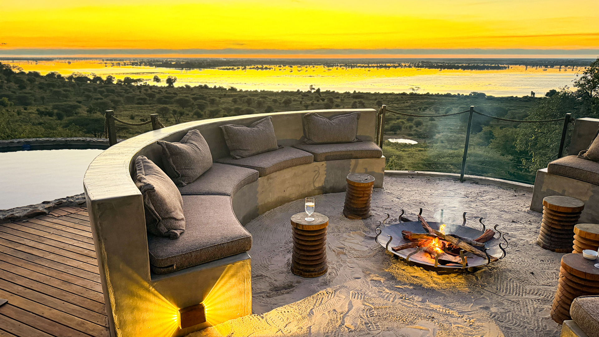Firepit and deck at Ngoma Safari Lodge, Chobe Forest Reserve