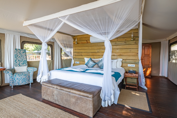 A luxury tent bedroom at Jackalberry Chobe
