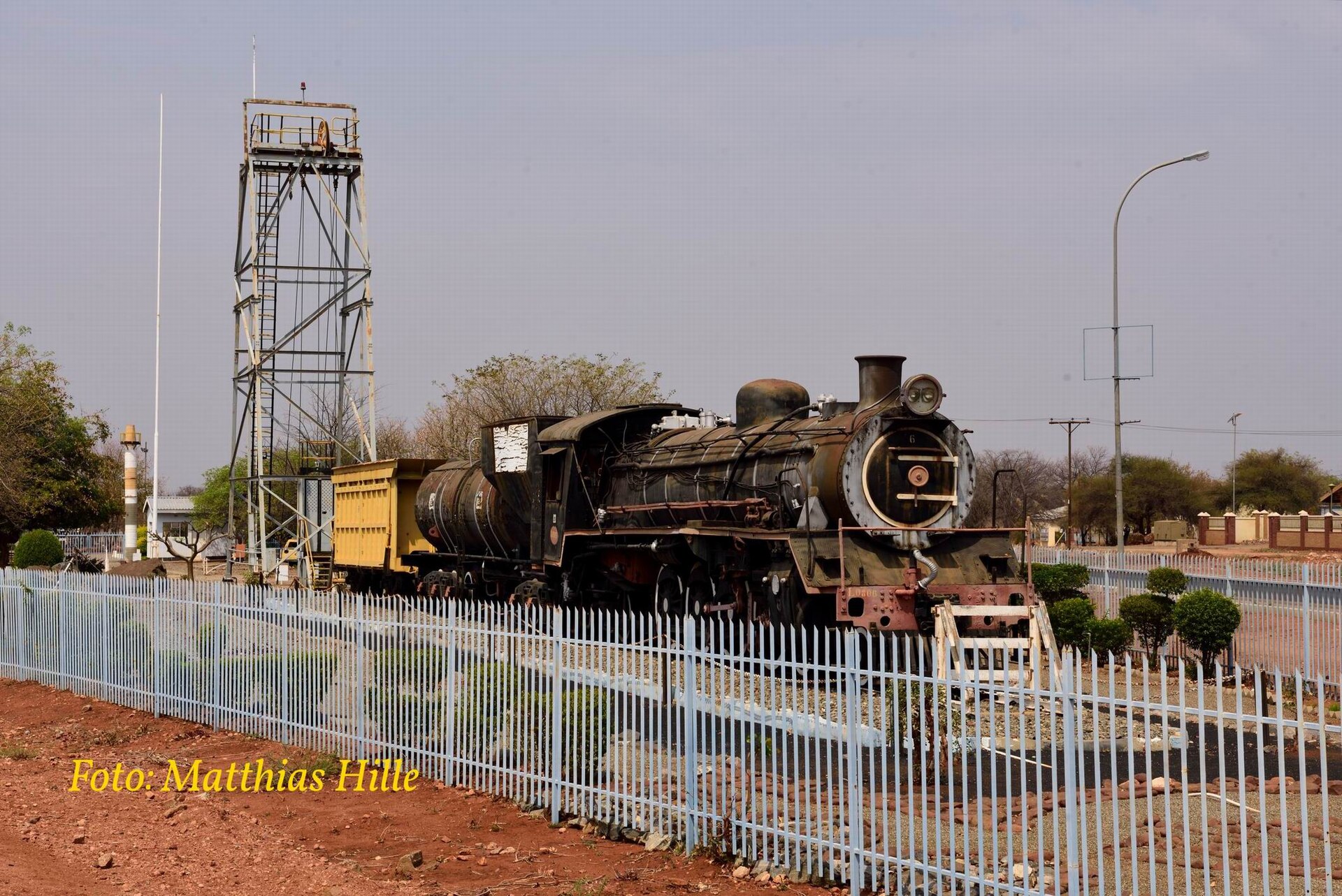 A preserved steam locomotive displayed as a monument in Selebi-Phikwe