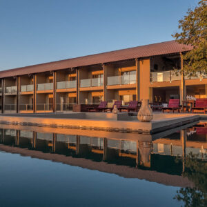 The Pangolin Chobe Hotel seen from the pool, Kasane